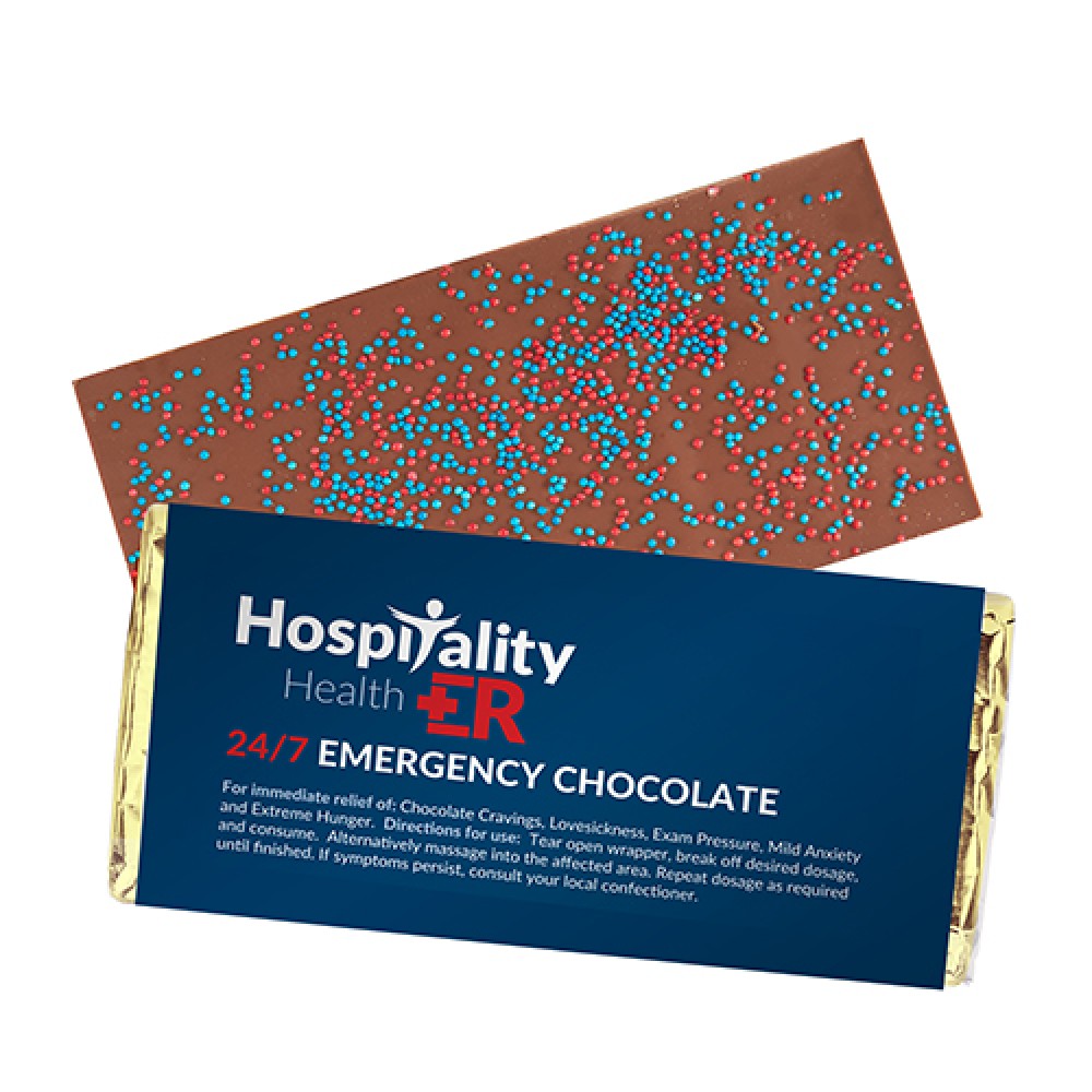 Custom Imprinted Foil Wrapped Belgian Chocolate Bar w/ Corporate Color Nonpareil Sprinkles