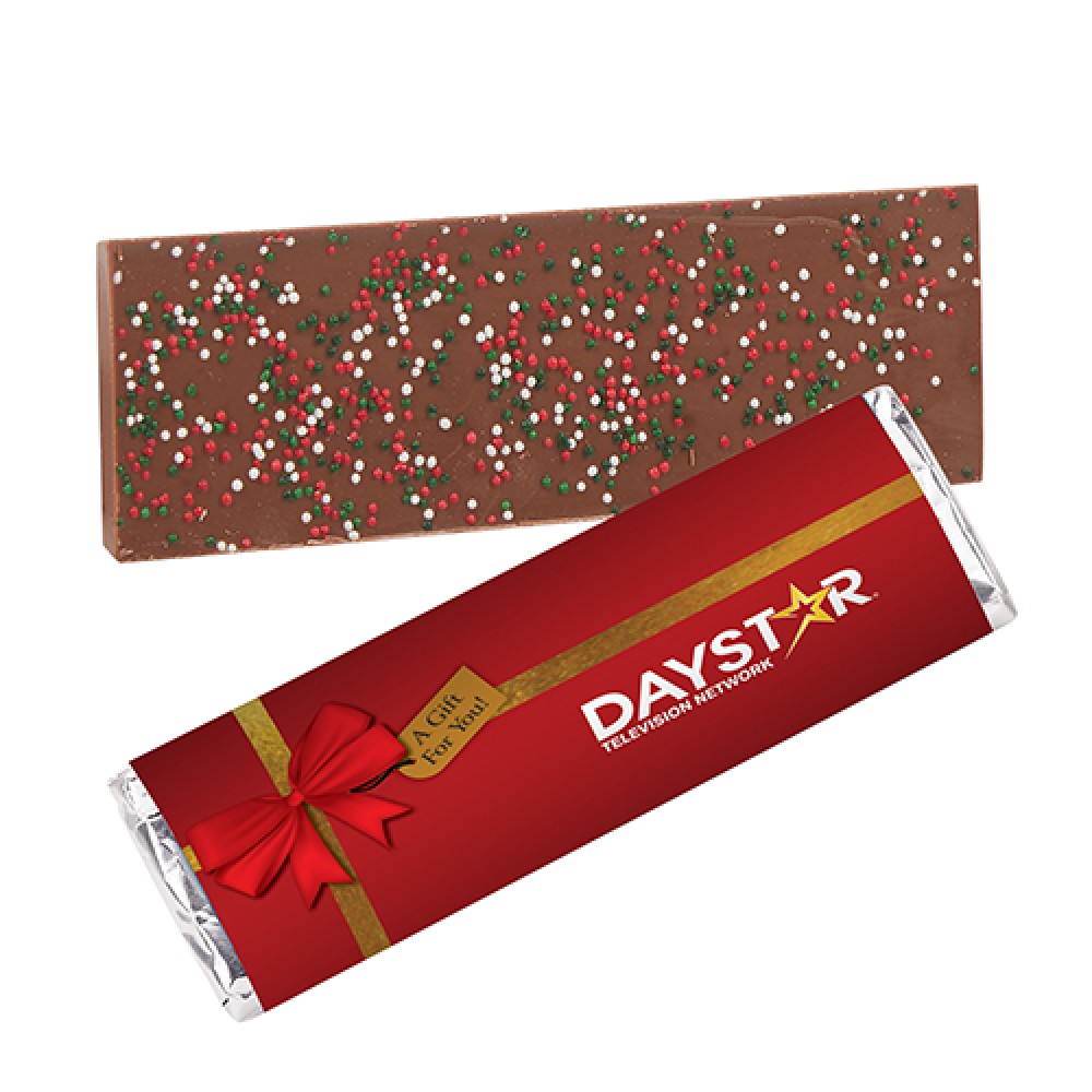 Custom Printed Foil Wrapped Belgian Chocolate Bar w/ Holiday Nonpareil Sprinkles