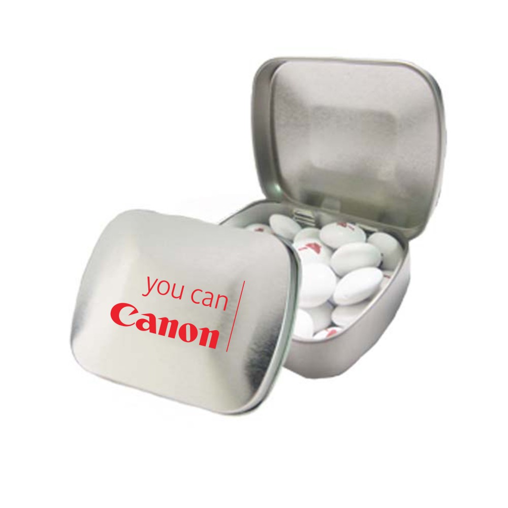 Custom Printed Domed Tin w/Imprinted Chocolate Buttons Custom Printed Domed Tin w/Imprinted Chocolate Buttons