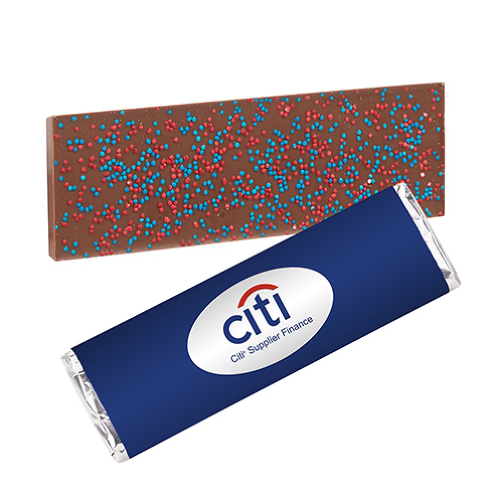 Foil Wrapped Belgian Chocolate Bar w/ Corporate Color Nonpareil Sprinkles Custom Imprinted