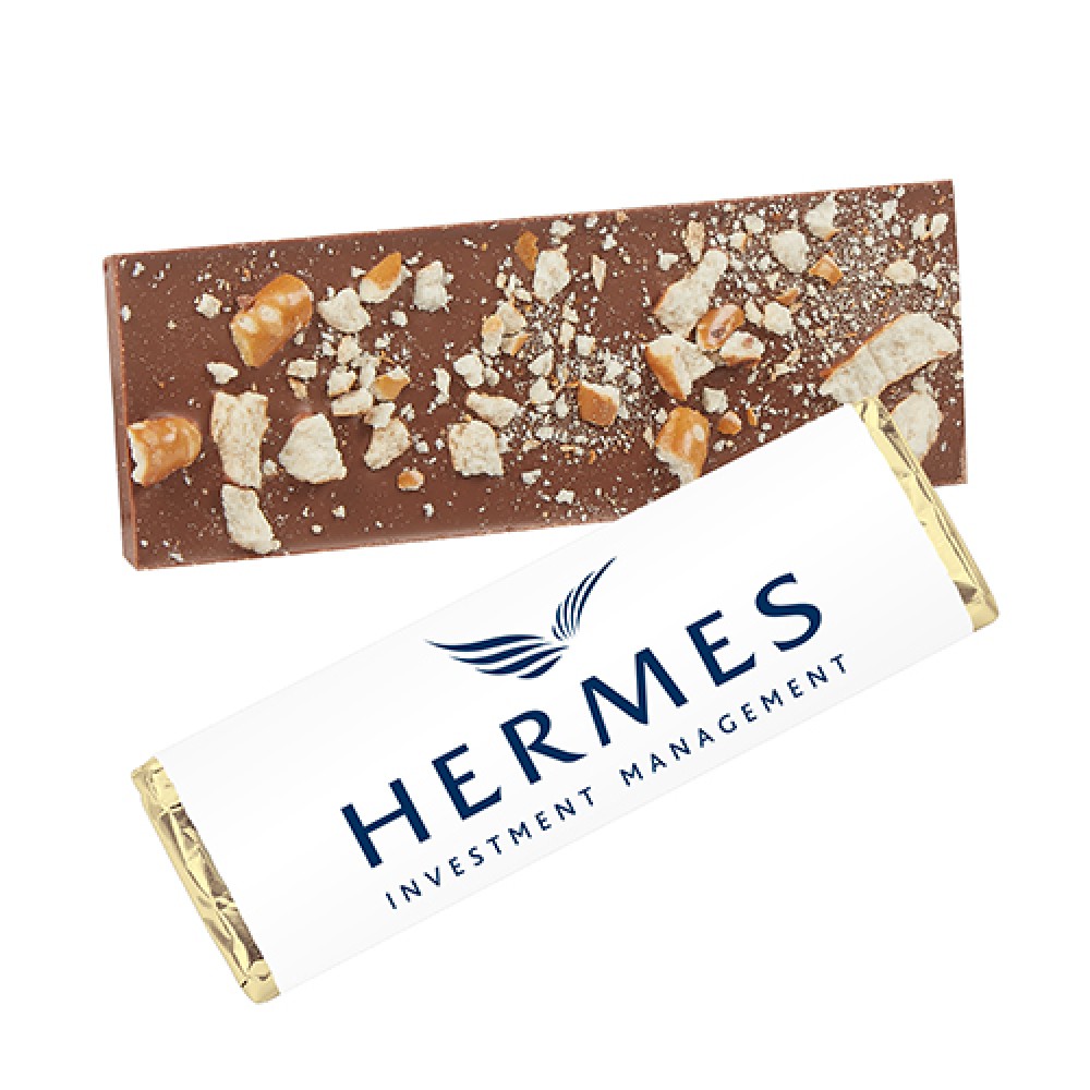 Foil Wrapped Belgian Chocolate Bar w/ Salted Pretzel Topping Custom Imprinted Foil Wrapped Belgian Chocolate Bar w/ Salted Pretzel Topping Custom Imprinted