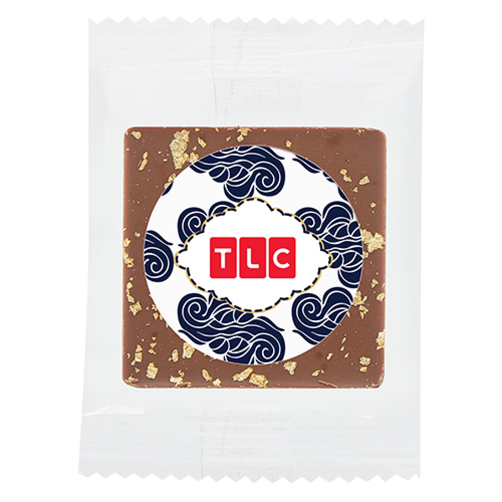 Bite Size Belgian Chocolate Square with 23K Gold Flakes Custom Branded Bite Size Belgian Chocolate Square with 23K Gold Flakes Custom Branded