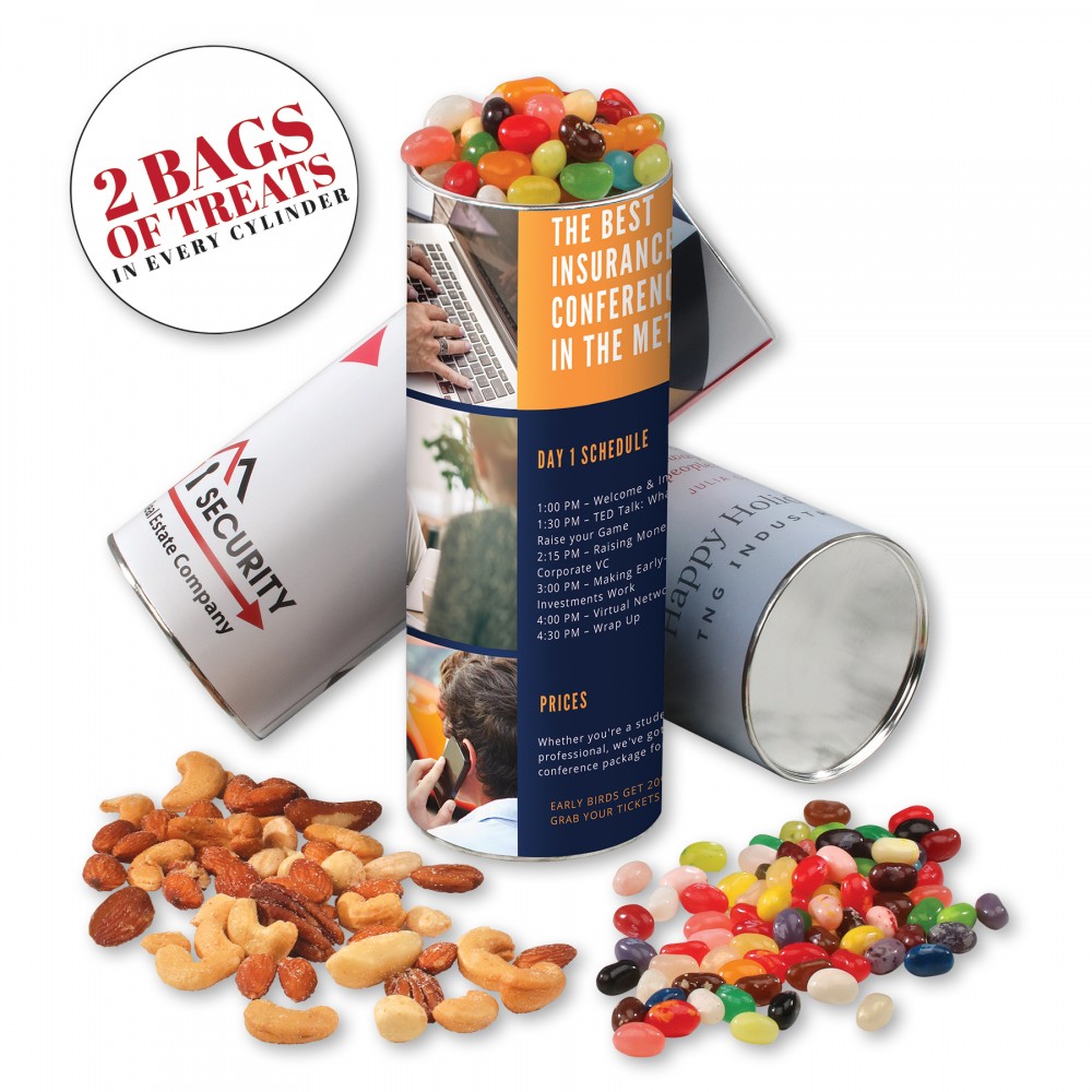 Cylinder with Jelly Belly Jelly Beans & Deluxe Mixed Nuts with Logo Cylinder with Jelly Belly Jelly Beans & Deluxe Mixed Nuts with Logo
