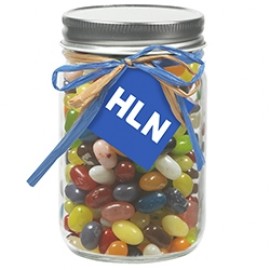 Customized 12 Oz. Glass Mason Jar w/ Raffia Bow (Jelly Belly Jelly Beans)