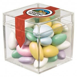 Promotional Cube Shaped Acrylic Container With Jordan Almonds  Promotional Cube Shaped Acrylic Container With Jordan Almonds