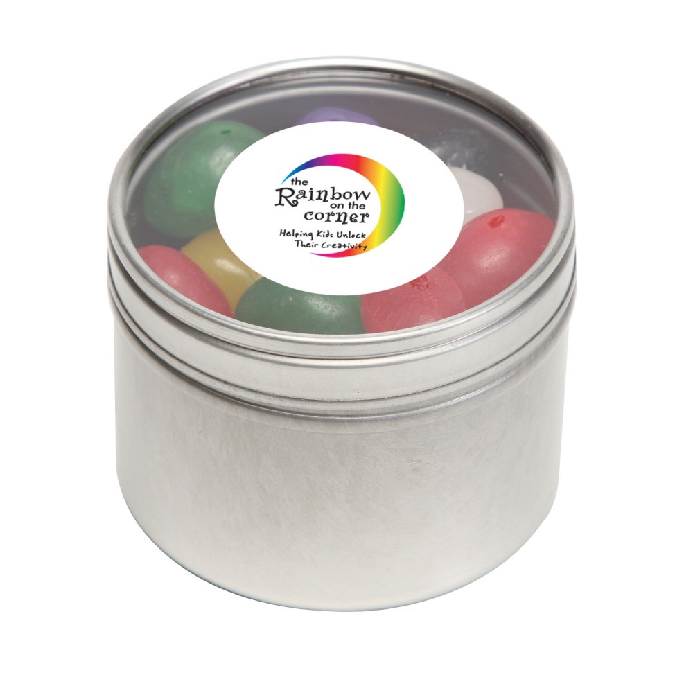 Logo Branded Standard Jelly Beans in Sm Round Window Tin