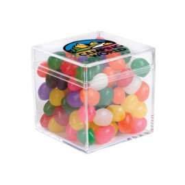 Logo Branded Cube Shaped Acrylic Container With Jelly Beans  Logo Branded Cube Shaped Acrylic Container With Jelly Beans