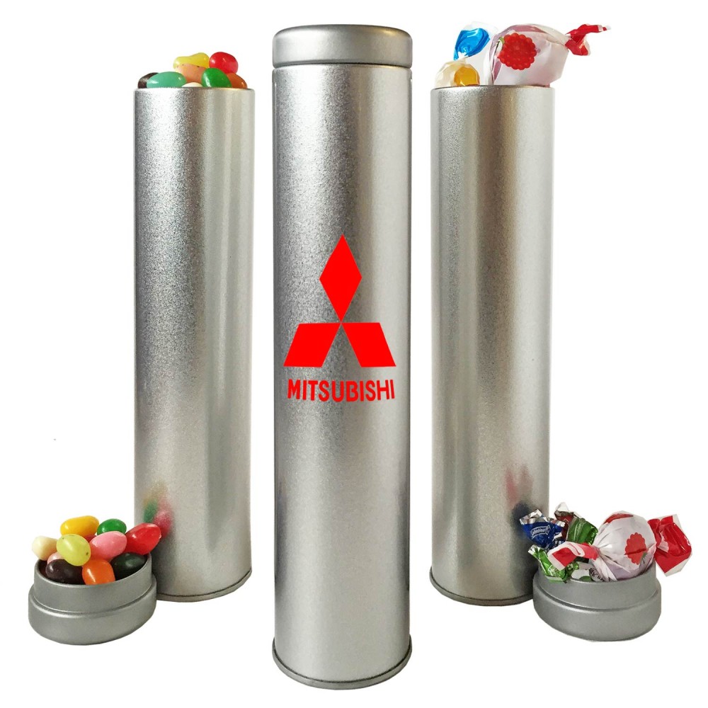 Logo Branded 8 Inch Tall Tin Tight Canister Container w/ Jelly Beans Logo Branded 8 Inch Tall Tin Tight Canister Container w/ Jelly Beans
