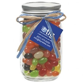 Logo Branded 16 Oz. Glass Mason Jar w/ Raffia Bow (Assorted Jelly Beans)