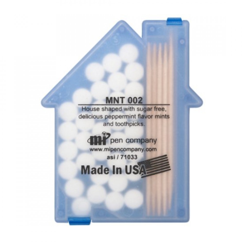 House shaped Mints/Toothpicks - Translucent Blue Custom Printed House shaped Mints/Toothpicks - Translucent Blue Custom Printed