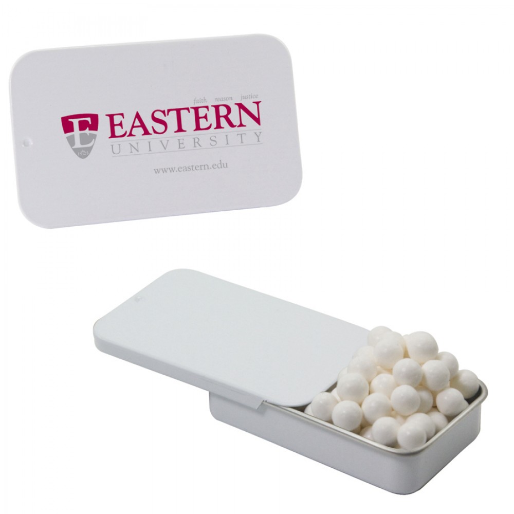 Logo Branded White Slider Tin w/ Signature Peppermints Logo Branded White Slider Tin w/ Signature Peppermints