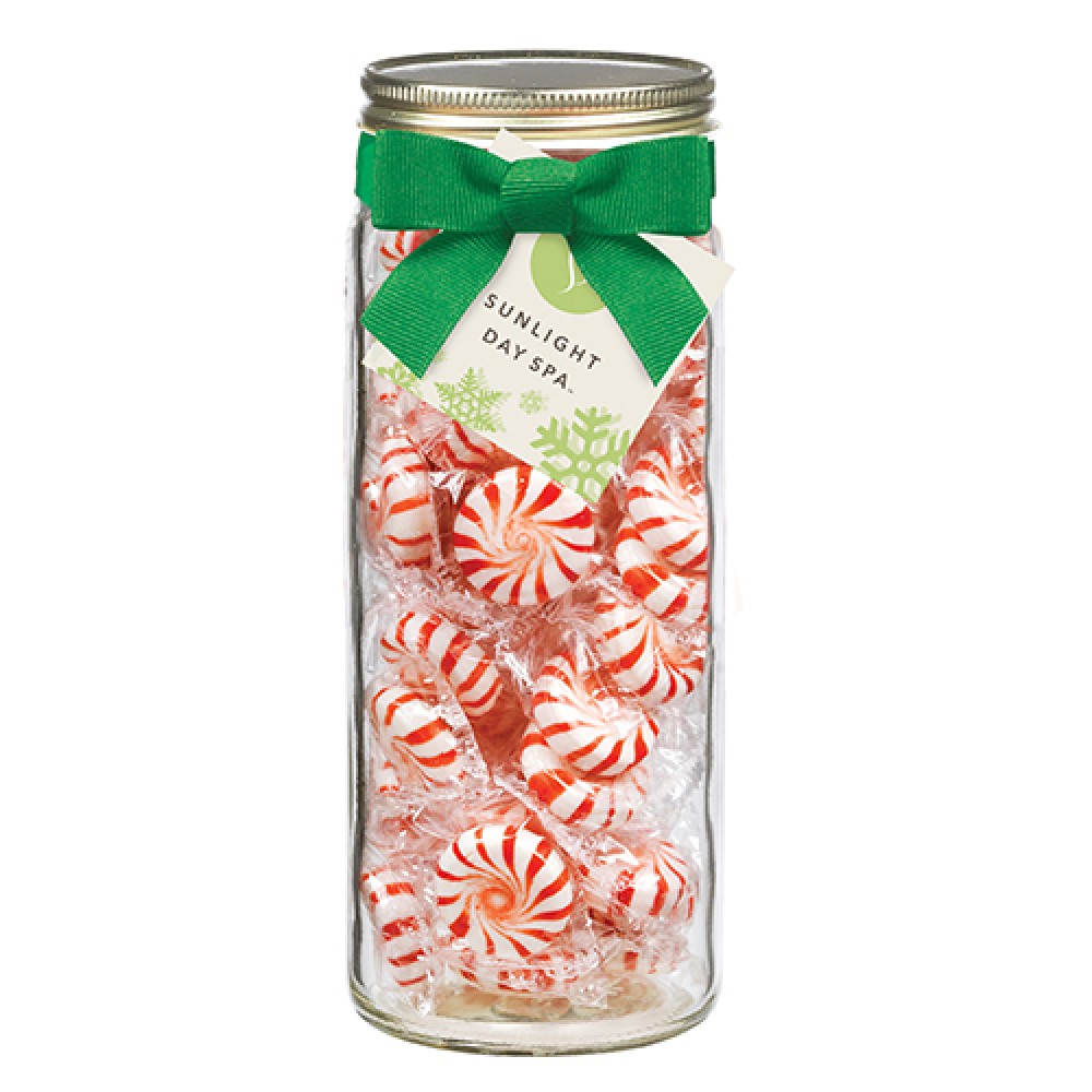 Logo Branded 16 Oz. Contemporary Glass Mason Jar w/ Grosgrain Bow (Starlight Mints) Logo Branded 16 Oz. Contemporary Glass Mason Jar w/ Grosgrain Bow (Starlight Mints)