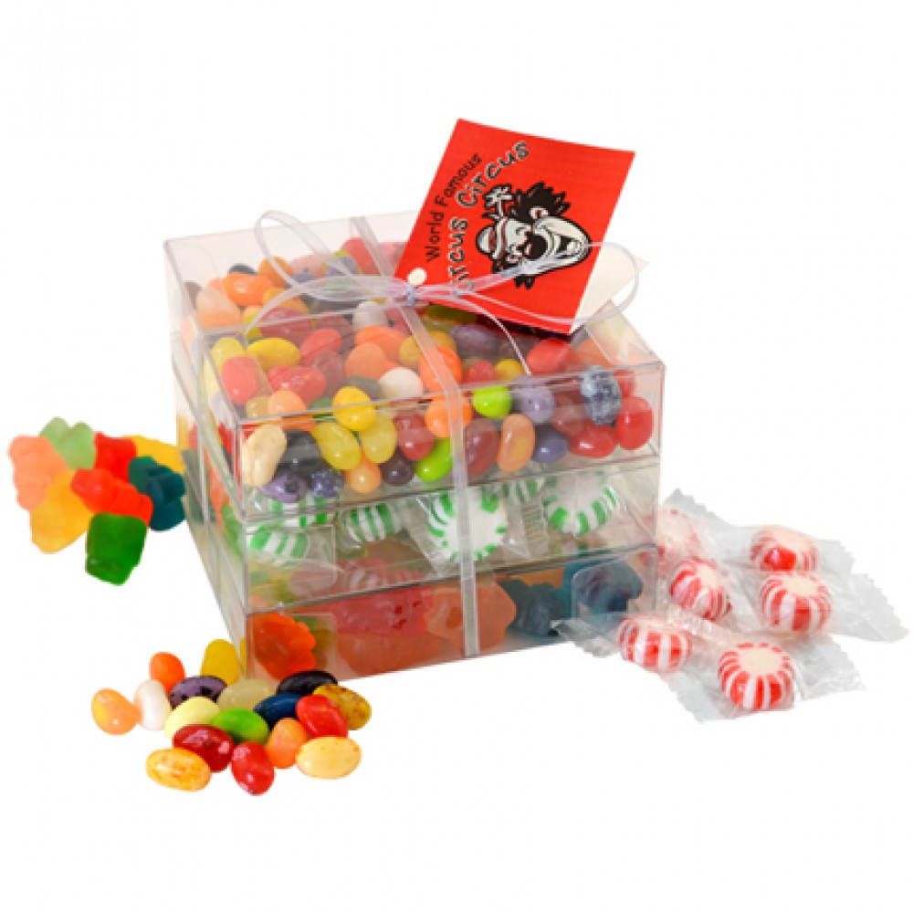 Custom Printed Candy Covered Large 3 Way Stack Acetate Tower w/Ribbon & Hang Tag