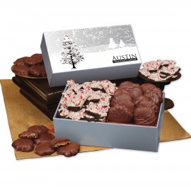 Peppermint Bark & Pecan Clusters in Gift Box with Cardinals in Tree Sleeve Custom Imprinted