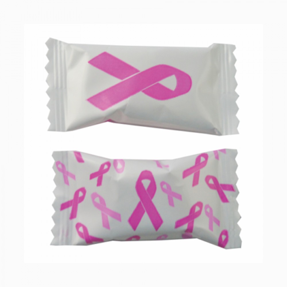 Chocolate Buttermints in a White Wrapper w/ Pink Ribbon Custom Printed Chocolate Buttermints in a White Wrapper w/ Pink Ribbon Custom Printed