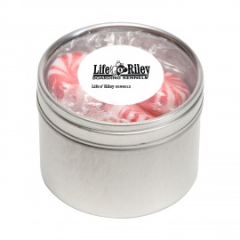 Striped Peppermints in Sm Round Window Tin Custom Printed  Striped Peppermints in Sm Round Window Tin Custom Printed