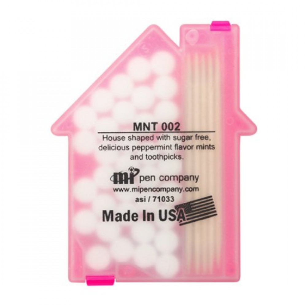 Promotional House shaped Mints/Toothpicks - Translucent Pink