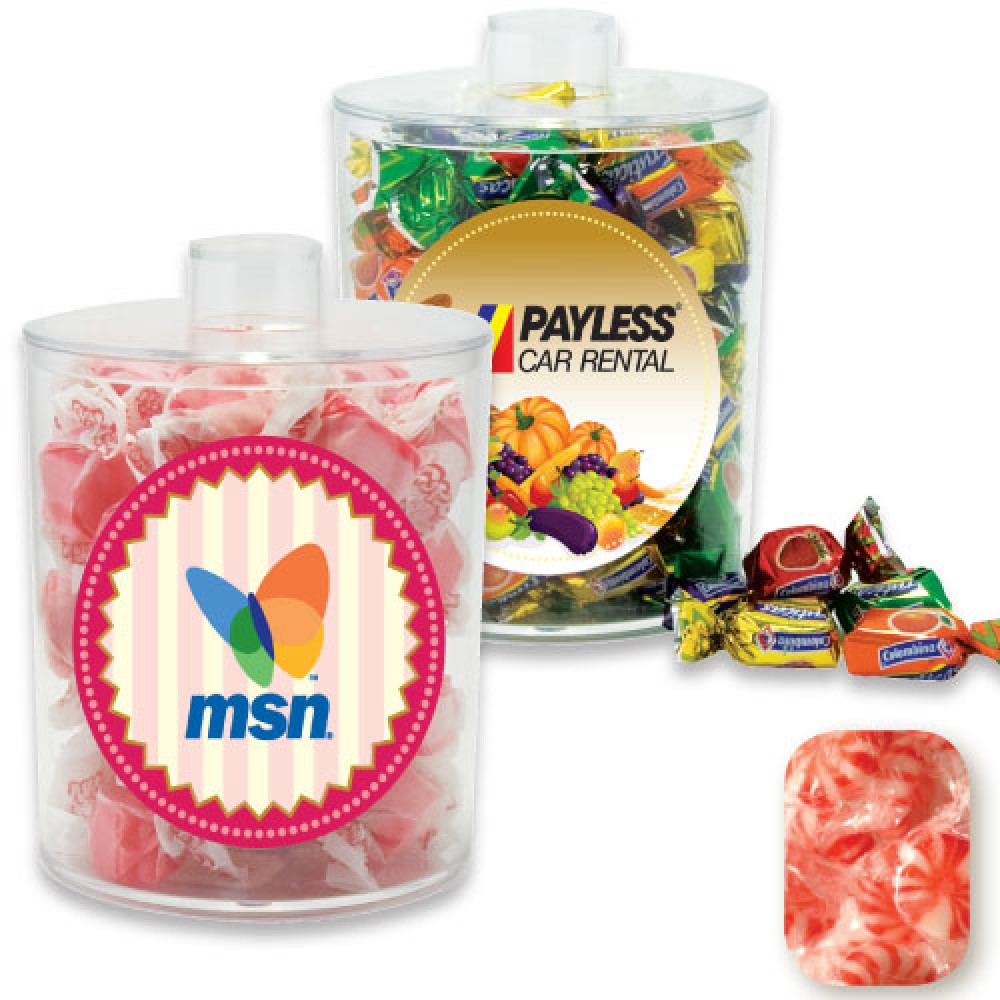 Acrylic Snack Jar Container Filled w/ Wrapped Starlight Mint Custom Printed Acrylic Snack Jar Container Filled w/ Wrapped Starlight Mint Custom Printed