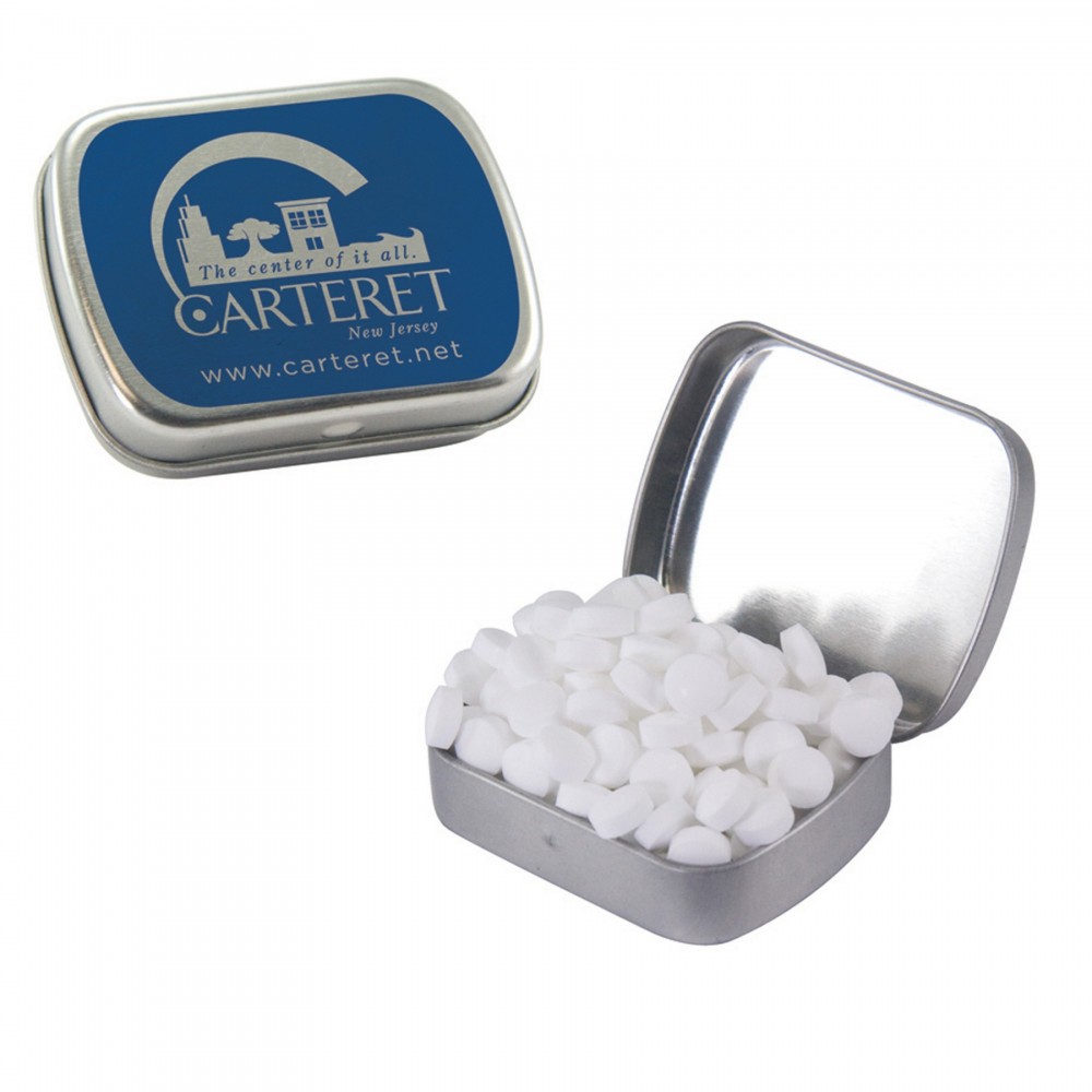 Custom Imprinted Small Silver Mint Tin Filled w/ Sugar Free Peppermints Custom Imprinted Small Silver Mint Tin Filled w/ Sugar Free Peppermints