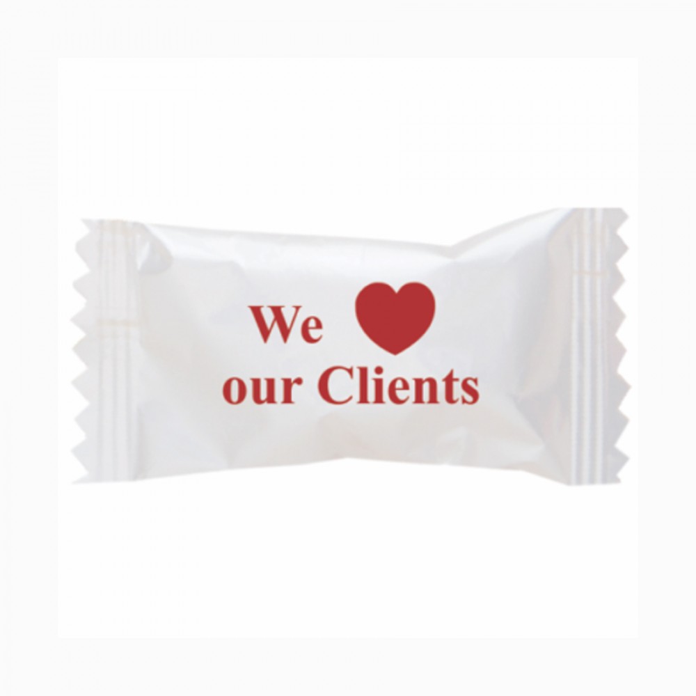 Hard Peppermint Balls in a We Love Our Clients Wrapper Custom Printed Hard Peppermint Balls in a We Love Our Clients Wrapper Custom Printed