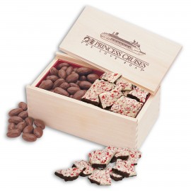 Logo Branded Wooden Collector's Box w/Peppermint Bark & Chocolate Almonds  Logo Branded Wooden Collector