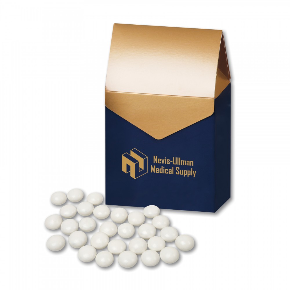 Logo Branded Chocolate Gourmet Mints in Navy & Gold Gable Top Gift Box Logo Branded Chocolate Gourmet Mints in Navy & Gold Gable Top Gift Box
