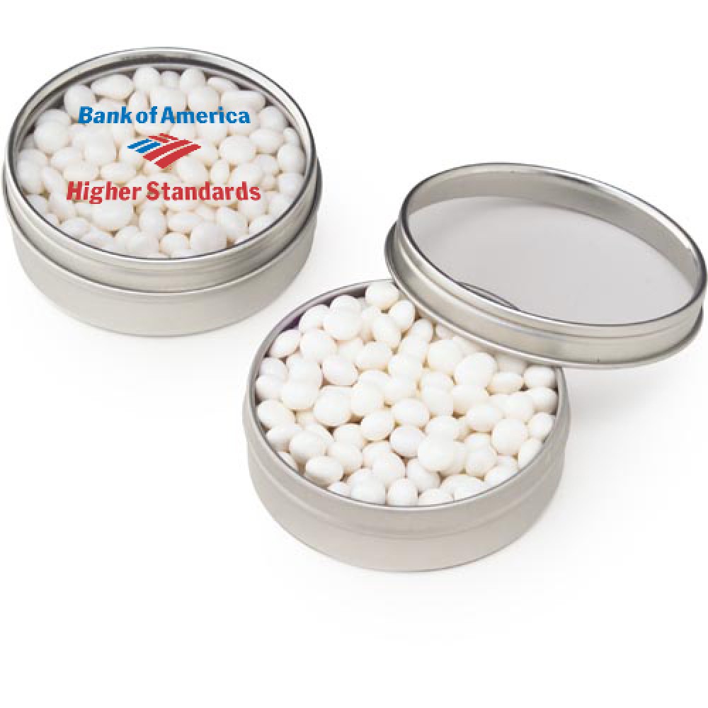 Logo Branded Round Window Tin White Mints Logo Branded Round Window Tin White Mints