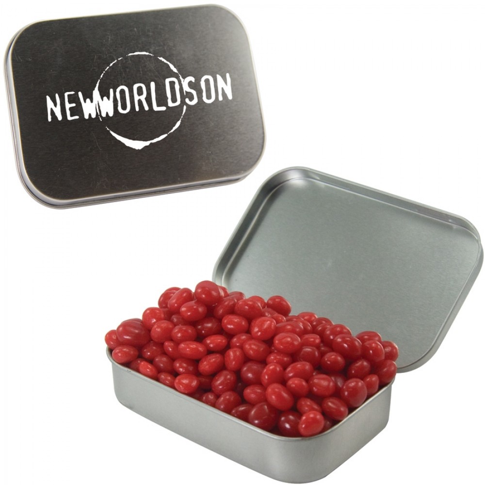 Custom Imprinted Large Silver Mint Tin w/ Cinnamon Red Hots Custom Imprinted Large Silver Mint Tin w/ Cinnamon Red Hots