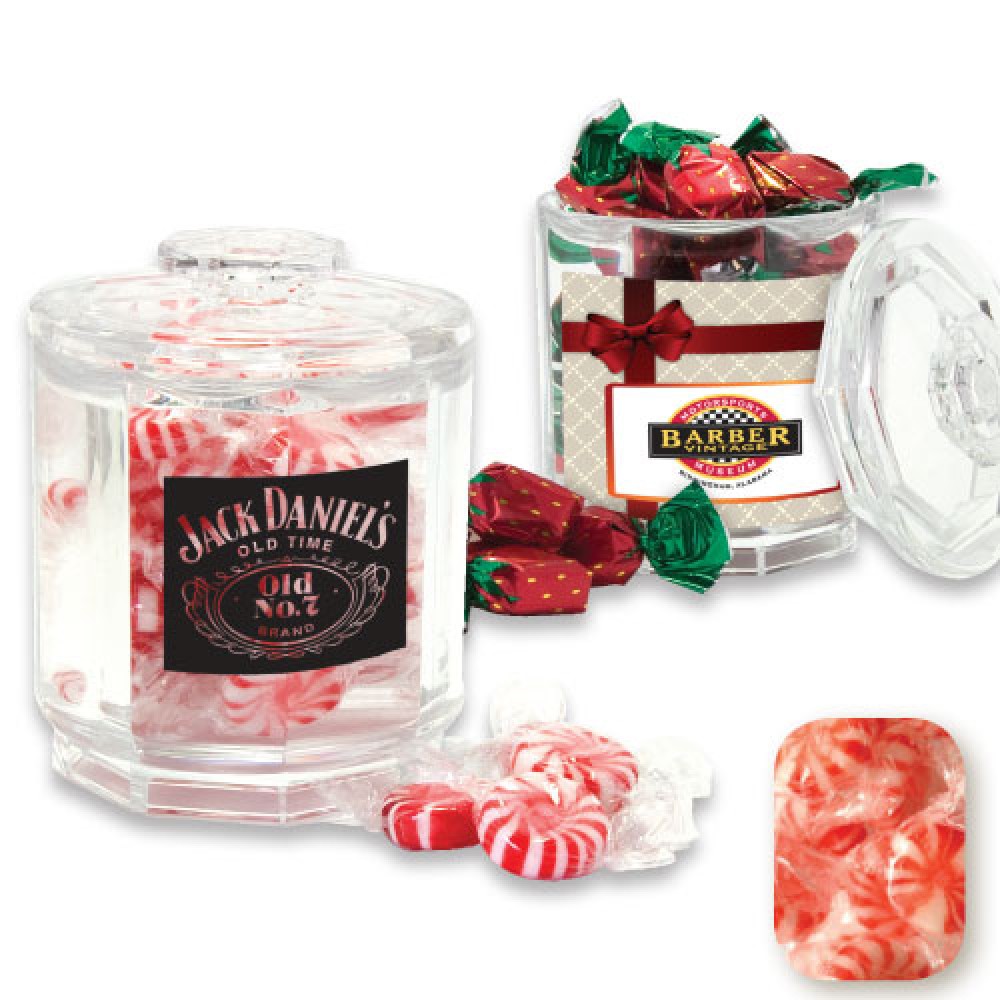 Logo Branded Beveled Reusable Acrylic Jar Filled w/ Wrapped Starlight Mint Logo Branded Beveled Reusable Acrylic Jar Filled w/ Wrapped Starlight Mint