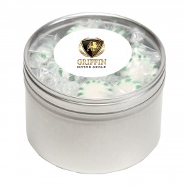 Logo Branded Striped Spearmints in Lg Round Window Tin