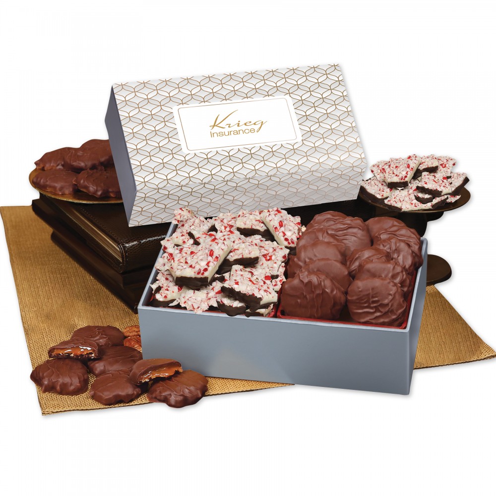 Custom Printed Peppermint Bark & Pecan Clusters in Gift Box with Silver & Gold Geometric Sleeve