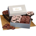 Custom Printed Peppermint Bark & Pecan Clusters in Gift Box with Silver & Gold Geometric Sleeve