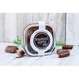 Artisan Sea Salt Caramels in Square Tin Logo Branded