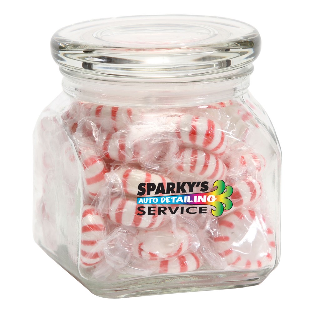 Custom Printed Striped Peppermints in Sm Glass Jar