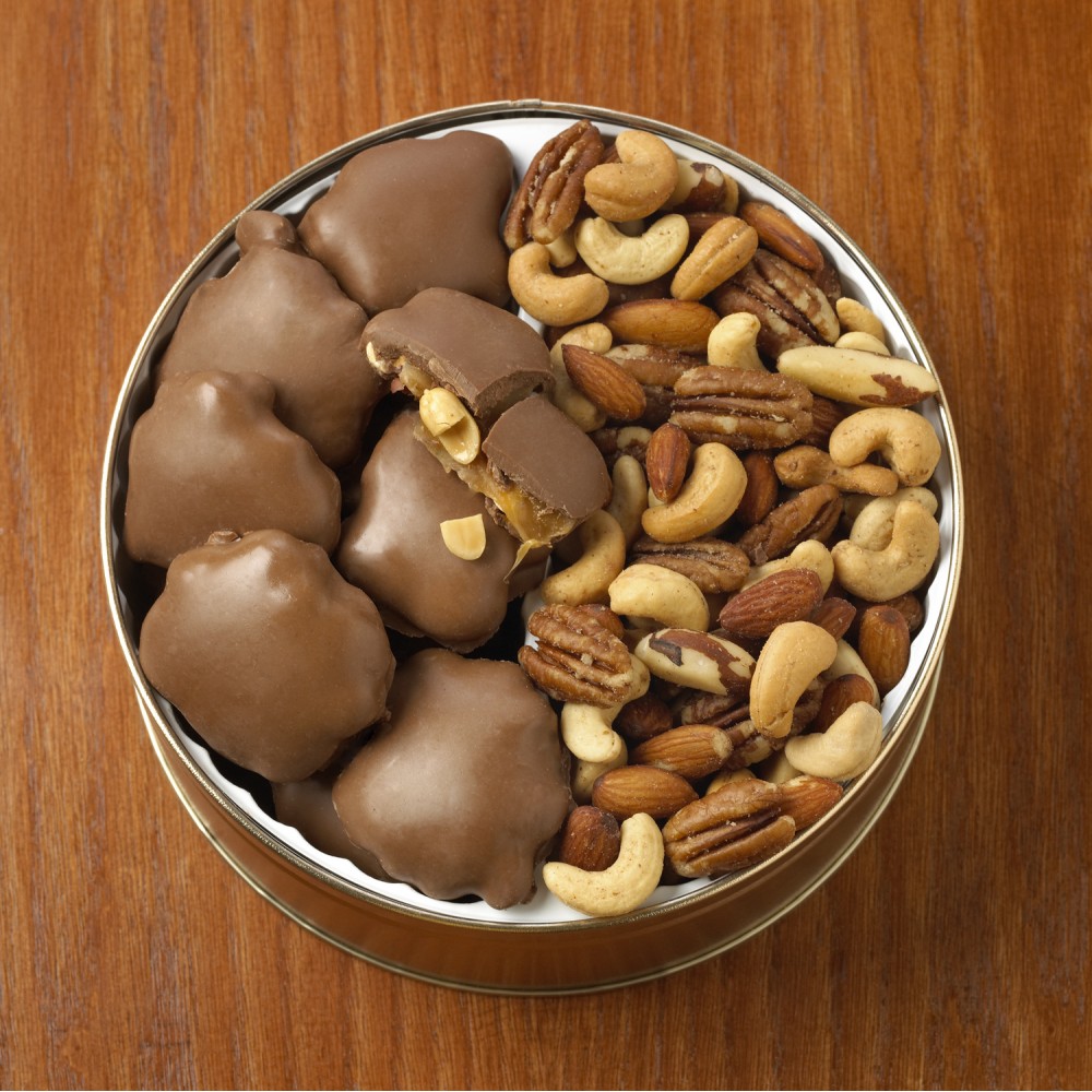 Custom Printed 28 Oz. Peanut Clusters/ Deluxe Mix Nuts Custom Gift Tin Custom Printed 28 Oz. Peanut Clusters/ Deluxe Mix Nuts Custom Gift Tin