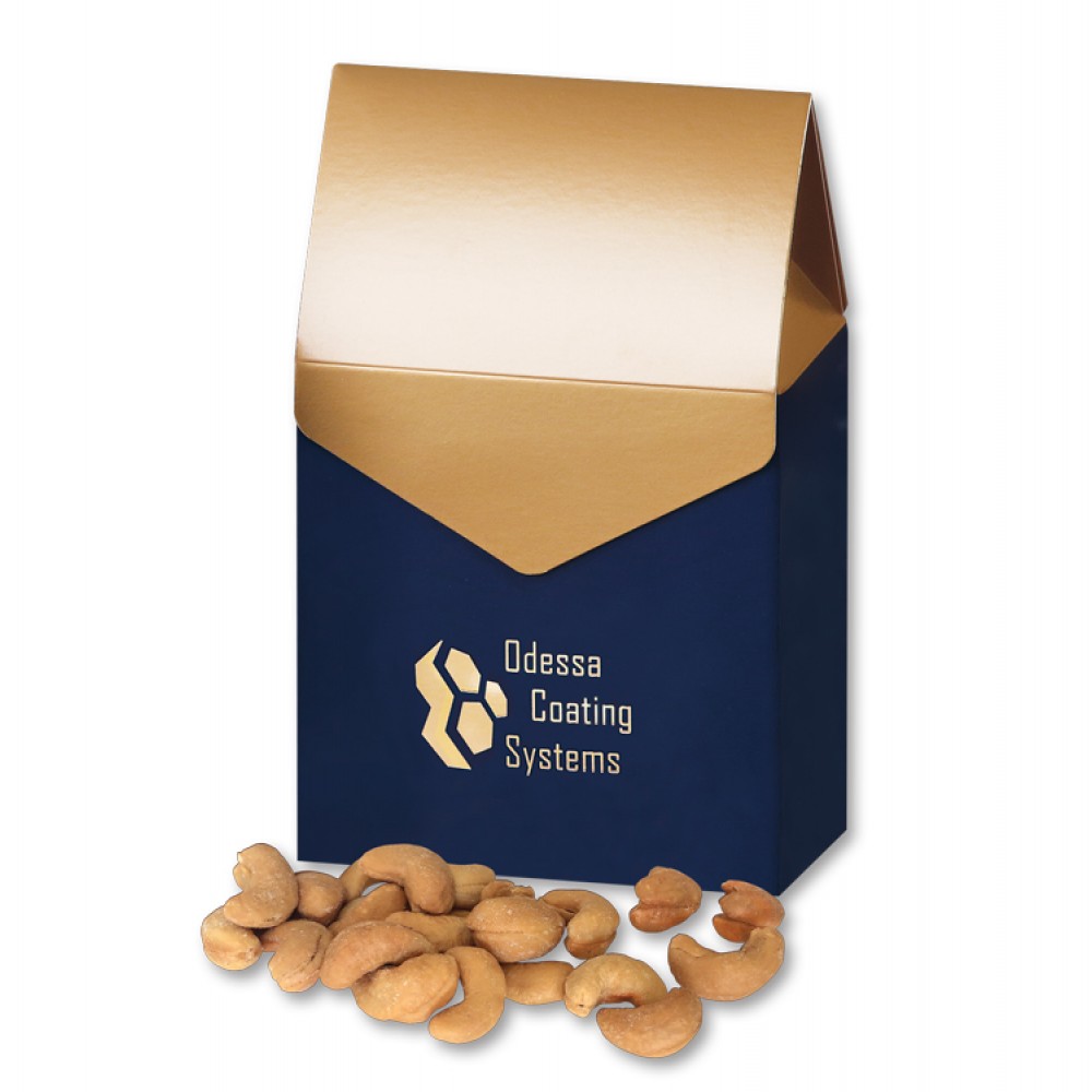 Extra Fancy Jumbo Cashews in Navy & Gold Gable Top Gift Box Custom Printed Extra Fancy Jumbo Cashews in Navy & Gold Gable Top Gift Box Custom Printed