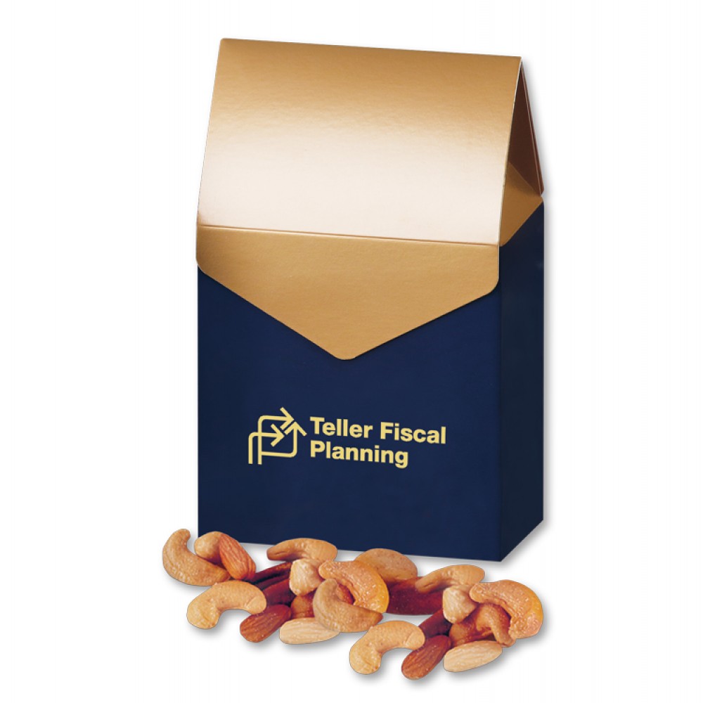 Logo Branded Deluxe Mixed Nuts in Navy & Gold Gable Top Gift Box Logo Branded Deluxe Mixed Nuts in Navy & Gold Gable Top Gift Box