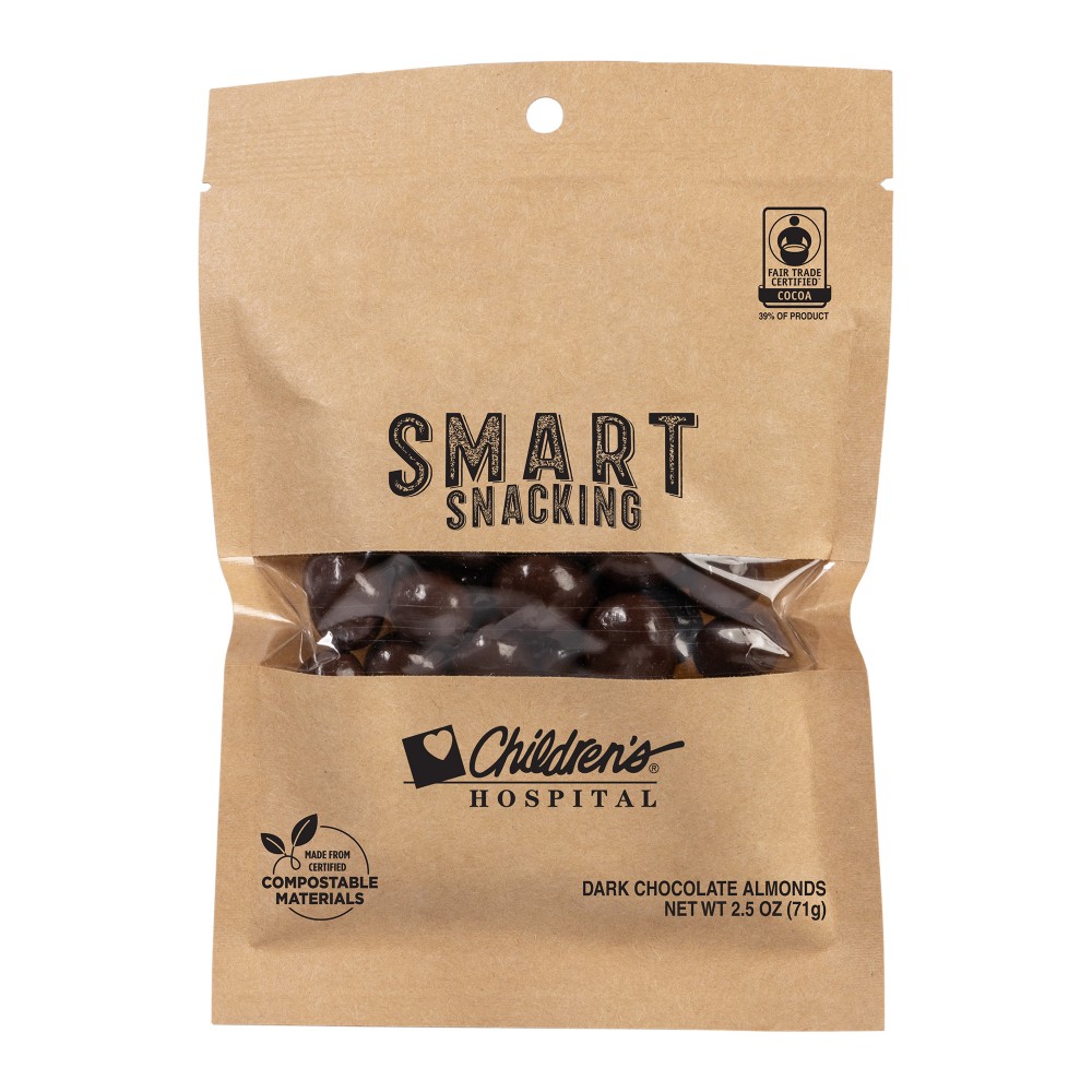 Fair Trade Dark Chocolate Almonds in Eco Kraft Pouch Custom Imprinted