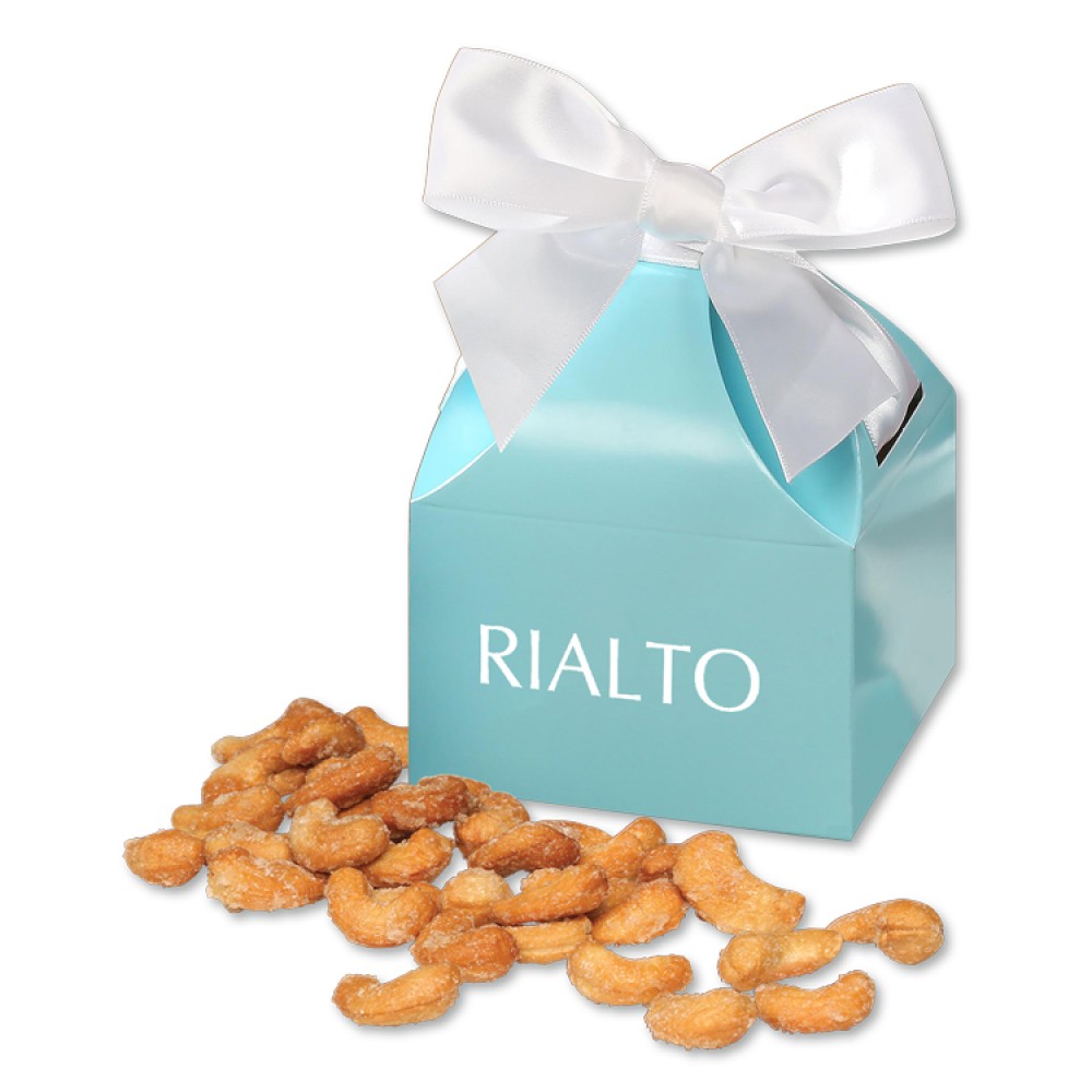 Honey Roasted Cashews in Robin's Egg Blue Gift Box Logo Branded Honey Roasted Cashews in Robin's Egg Blue Gift Box Logo Branded