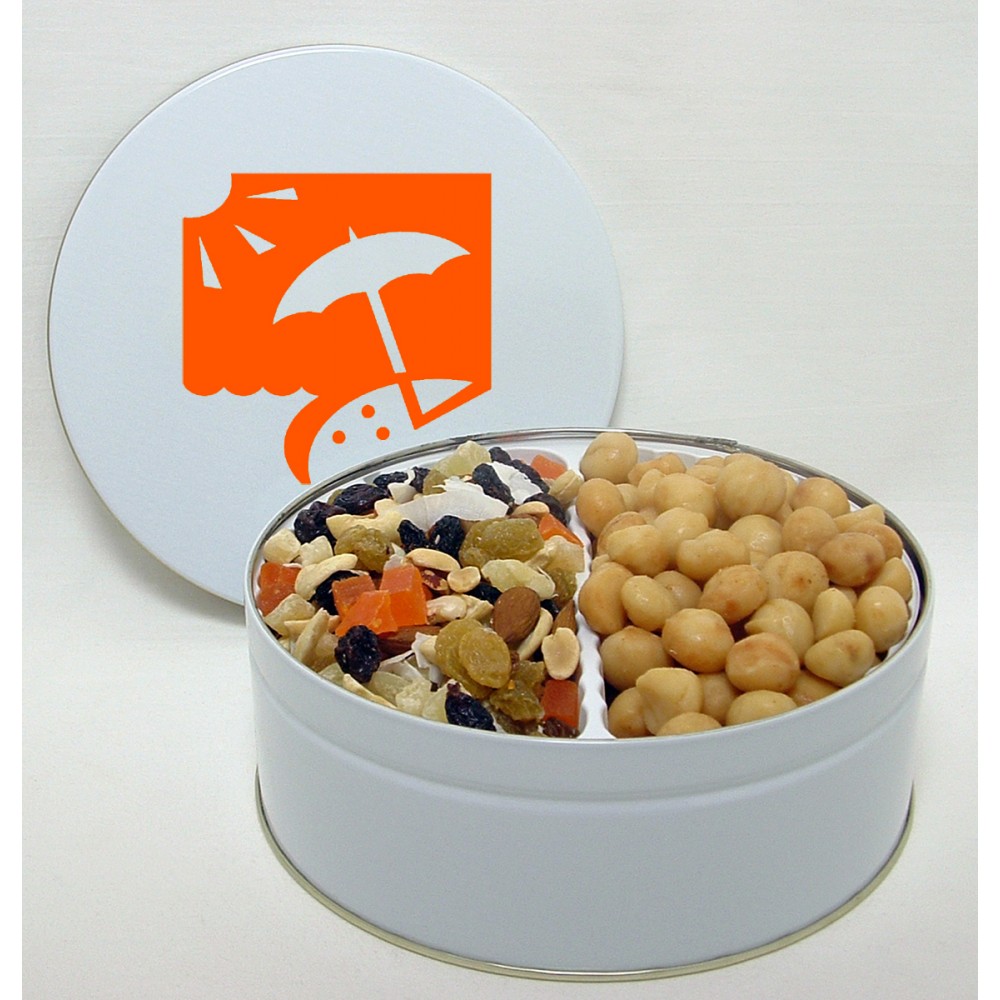 Custom Printed 30 Oz. Macadamia Nuts and Tropical Fruit & Nut Mix in a Custom Gift Tin Custom Printed 30 Oz. Macadamia Nuts and Tropical Fruit & Nut Mix in a Custom Gift Tin