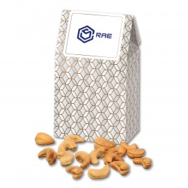 Logo Branded Silver & Gold Geometric Gable Top Gift Box w/Fancy Cashews  Logo Branded Silver & Gold Geometric Gable Top Gift Box w/Fancy Cashews