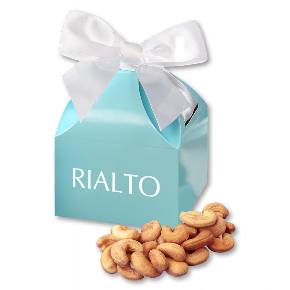 Custom Imprinted Extra Fancy Jumbo Cashews in Robin's Egg Blue Gift Box Custom Imprinted Extra Fancy Jumbo Cashews in Robin's Egg Blue Gift Box