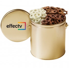 Custom Printed 1 Gallon 3 Way Chocolate Pretzel Tin - Toffee, Milk Chocolate, Yogurt