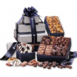 Custom Imprinted Silver & Navy Tower of Sweets  Custom Imprinted Silver & Navy Tower of Sweets