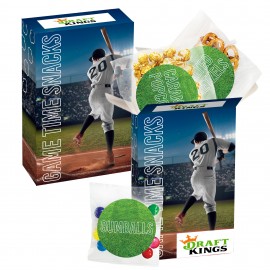 Custom Imprinted Baseball Popcorn & Snack Box - Mini Pretzels, Caramel Popcorn and Gumballs
