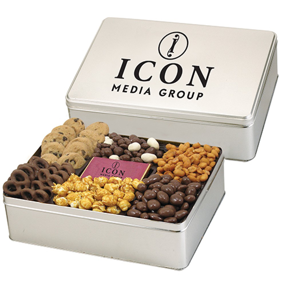 Promotional 6 Way Deluxe Gift Tin with Chocolate Bar - Delectable Snack Selection Promotional 6 Way Deluxe Gift Tin with Chocolate Bar - Delectable Snack Selection