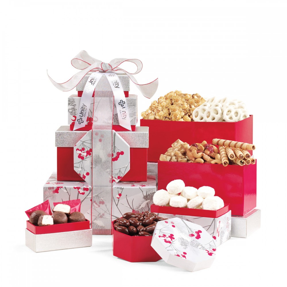 Logo Branded Celebrate the Season Gourmet Sweets & Treats Tower - Red-Silver Logo Branded Celebrate the Season Gourmet Sweets & Treats Tower - Red-Silver