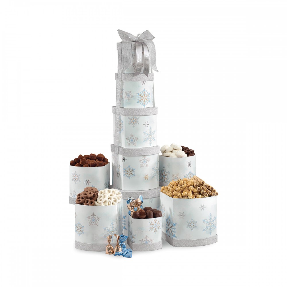 Custom Imprinted Something For Everyone Gourmet Treats Tower - Silver and Blue Snowflake Pattern Custom Imprinted Something For Everyone Gourmet Treats Tower - Silver and Blue Snowflake Pattern