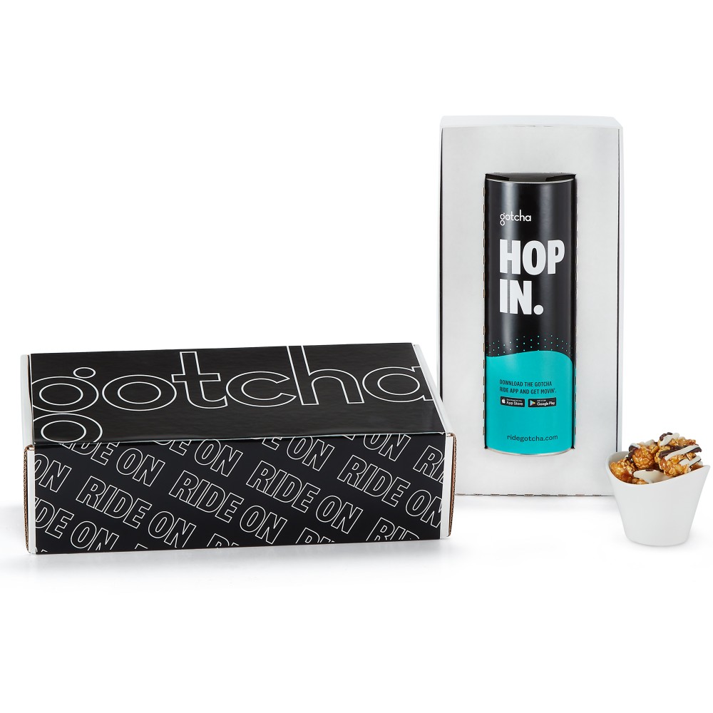 Promotional 8" Single Snack Tube Mailer Box - White & Dark Chocolate Swirl Popcorn Promotional 8" Single Snack Tube Mailer Box - White & Dark Chocolate Swirl Popcorn