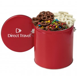 1 Gallon 3 Way Chocolate Pretzel Tin - M&M's, Milk Chocolate, Yogurt Custom Imprinted  1 Gallon 3 Way Chocolate Pretzel Tin - M&M
